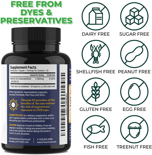 Vitamin D3 50,000 IU Weekly Supplement - 120 Vegetable Capsules